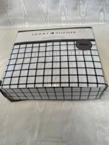 TOMMY HILFIGER FULL SHEET SET WHITE W/NAVY SQUARES NEW - Picture 1 of 5