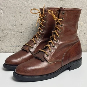 Vintage Boulet Brown Leather Lace Roper Paddock Cowgirl Boots - Women 6.5 C - Picture 1 of 12