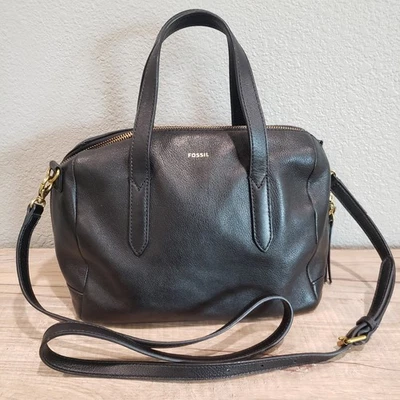 Fossil Sydney Satchel Black Brass Leather Crossbody Shoulder Bag Handbag Medium - Image 1 of 4