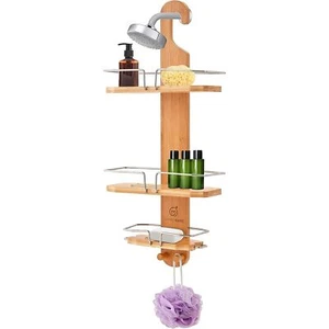 JumblWare Bamboo Shower Caddy, Hanging 3-Tier Suction Cup Shower Organizer - Picture 1 of 7