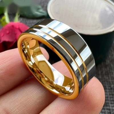 8MM Men Women Flat Wedding Band Tungsten Carbide 2 Groove Finish Ring Band - Image 1 of 4