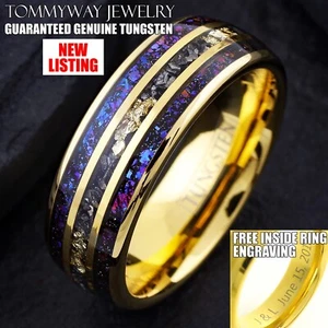 Anillo de banda de meteorito sintético hoja de oro carburo de tungsteno chapado en oro grabado personalizado - Imagen 1 de 8