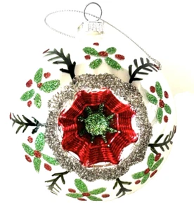 HERMOSO ADORNO NAVIDAD CRISTAL BLANCO GRANDE CON CENTRO DE SANGRÍA ROJO VERDE 4" - Imagen 1 de 8