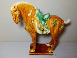 Vintage Chinese Tang Dynasty Style War Horse Glazed Ceramic Figurine - Picture 1 of 13