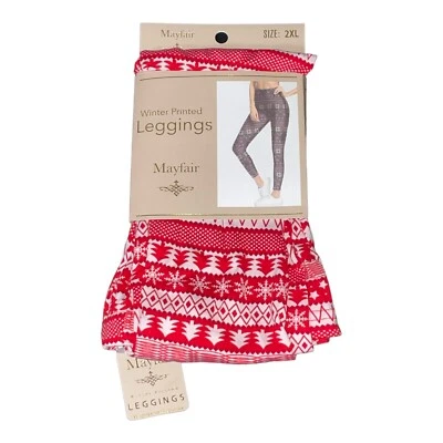 Mayfair Winter Leggings 2XL – Red White Tree Star Print Christmas Holiday New - Image 1 of 4