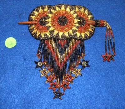 Hand Beaded 3 Circle Barrette w Star Fringe 4.5"x2.5" Beaded Stick closure # 06 - Image 1 of 3