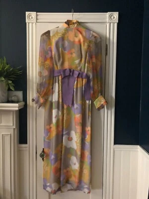Vestido Vintage Lisa Meril Años 70 Grande Mod Hippie Faja Formal Floral Manga Larga Foto 1 de 4