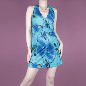 VINTAGE 90s 2000s Y2K mini halterneck blue floral Hawaiian Dress small 10 12 - Picture 1 of 9