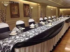20 Corredores de Mesa Damasco Flocado 14" x 108" Tafetán Negro Blanco Hecho en EE. UU. - Imagen 1 de 4
