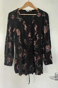 Fat Face Black Floral Long Sleeved Top UK 10 Made in India - Picture 1 of 9