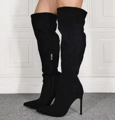 Liliana DB54 Mujer Gamuza Punta Punta Muslo Alto Suela Única Stiletto Bota Negro Foto 1 de 4