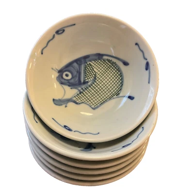 Set 6 Blue & White Asian Porcelain Koi Fish Bowls 7.25 Inch - Image 1 of 4