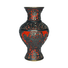 Chinese Lacquer Cinnabar Vase Hand Carved Black over Red 4" Masterpiece