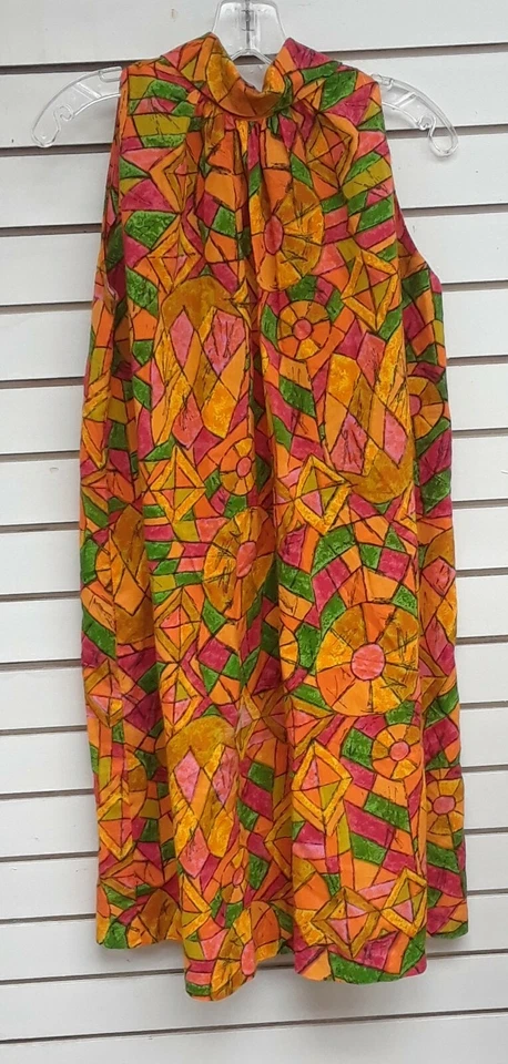 Vestido Hawaiano Hawaiano Geométrico Brillante Mangas Cuello Alto Saco Hawaiano De Colección Foto 1 de 4