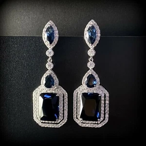 Lab-Created Blue Sapphire Long Square Drop Halo Earrings 18k White Gold Filled - Picture 1 of 12