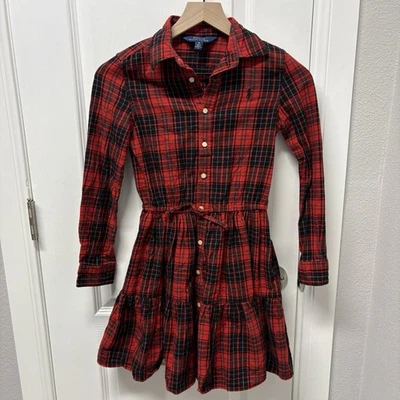 Polo Ralph Lauren Niñas Talla 10 Rojo Cuadros Algodón Sarga Camisa Vestido Manga Larga Foto 1 de 4