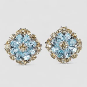 Blue Aquamarine Flower Earrings 925 Sterling Silver White Gold Plated Omega Back - Picture 1 of 7