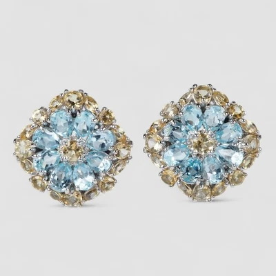 Blue Aquamarine Flower Earrings 925 Sterling Silver White Gold Plated Omega Back - Image 1 of 4