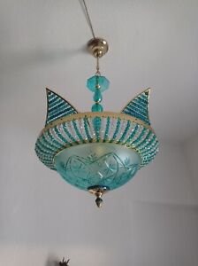 Large Vintage Light Turquoise Hand Painted Chandelier Glass Beads Lamp Lighting 