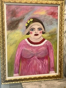 Modern ‘20 Blue Eyed Lady W/Hat Folk Art Canvas Framed 22.2x28.25 Signed P Heer - Picture 1 of 11