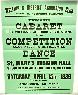 Original Poster Welling Accordion Club Dance Competition Eric Williams 1939 - Image 1 of 3