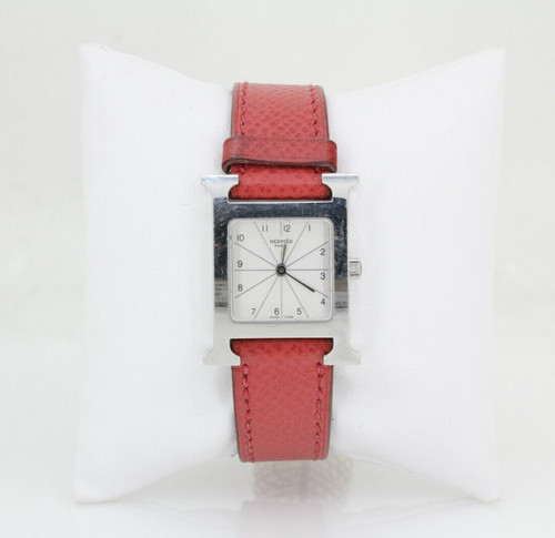 HERMÈS Orologio Hermes H HH1.210 Acciaio Inox 21 mm Quadrante Argento Cinturino Rosso con Scatola & COA