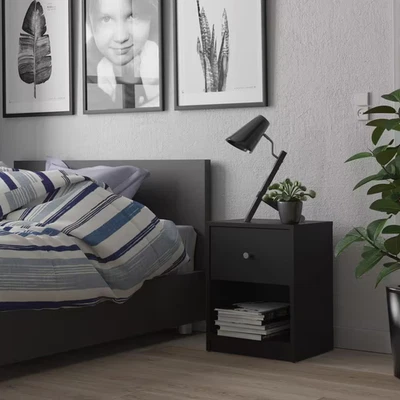 Mesita de noche Portland negra con 1 cajón Foto 1 de 4