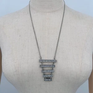 Mark by Avon Statement Necklace Silvertone Rhinestone Stacked Geometric Pendant - Picture 1 of 8