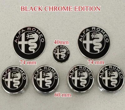 KIT FREGIO STEMMA ALFA ROMEO GIULIETTA MITO 147 156 159 LOGO NERO BLACK 7 PEZZI