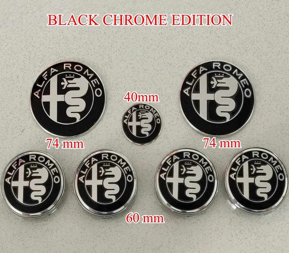 KIT FREGIO STEMMA ALFA ROMEO GIULIETTA MITO 147 156 159 LOGO NERO BLACK 7 PEZZI