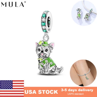 MULA Perro Trébol Verde Sombrero Plata de Ley 925 Hágalo Usted Mismo Dije Circonita cúbica Para Mujer Pulsera Foto 1 de 4