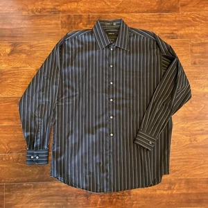 Mens Claiborne Wrinkle Free Dress Shirt Size 16 1/2 34/35 Navy Blue Stripes - Picture 1 of 12
