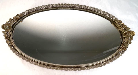 Vintage Brass Oval Vanity Dresser Mirror Tray Gold Floral Filigree Matson Roses Cover