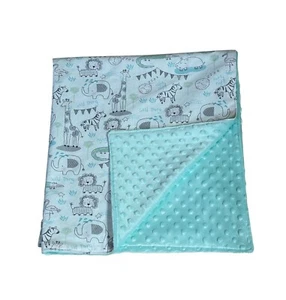 Handmade Cotton Minky Baby Blanket Turquoise and Gray Alligators, Lions, Zebras - Picture 1 of 4