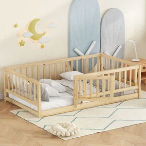 Twin Size Floor Bed with Slats, Montessori Floor Bed with Fence and Door, Kids M - Picture 1 of 12