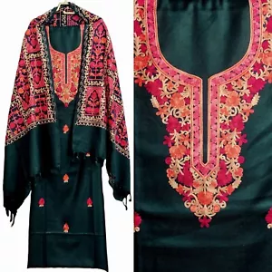 DGRN WOOL INDIAN SALWAR KAMEEZ SHAWL SUIT KASHMIRI EMB DRESS MATERIAL LADIES DEN - Picture 1 of 3