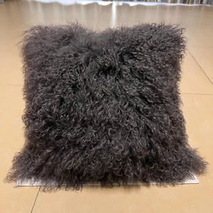 20X20Inch Real Mongolian Lamb Fur Cushion Cover Pillowcase Brown Dark Grey - Picture 1 of 12