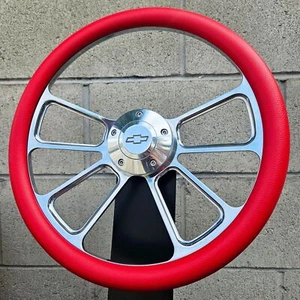 14" Billet 4 Spoke Steering Wheel w/ Red Vinyl Wrap and Licensed Chevy Horn - Picture 1 of 5
