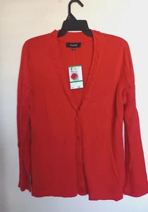 Jones Wear Cardigan Sweater Orange Red Button Ruffle Front Long Sz L NEW - Picture 1 of 3