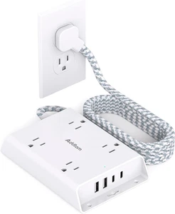 Tira de alimentación protectora contra sobretensiones, cable de extensión de enchufe plano de 5 pies con carga de pared de 4 USB - Imagen 1 de 13