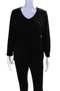 Natto Womens Leather Applique V Neck Long Sleeves Jeweled Shirt Black Size Large - Picture 1 of 5