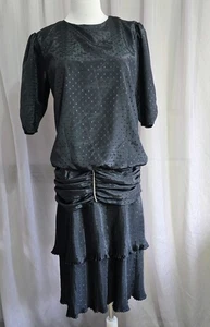 Wild Rose Sydney Vintage Dress s.10/8 80's Black Satin Draped Runched Evening - Picture 1 of 10
