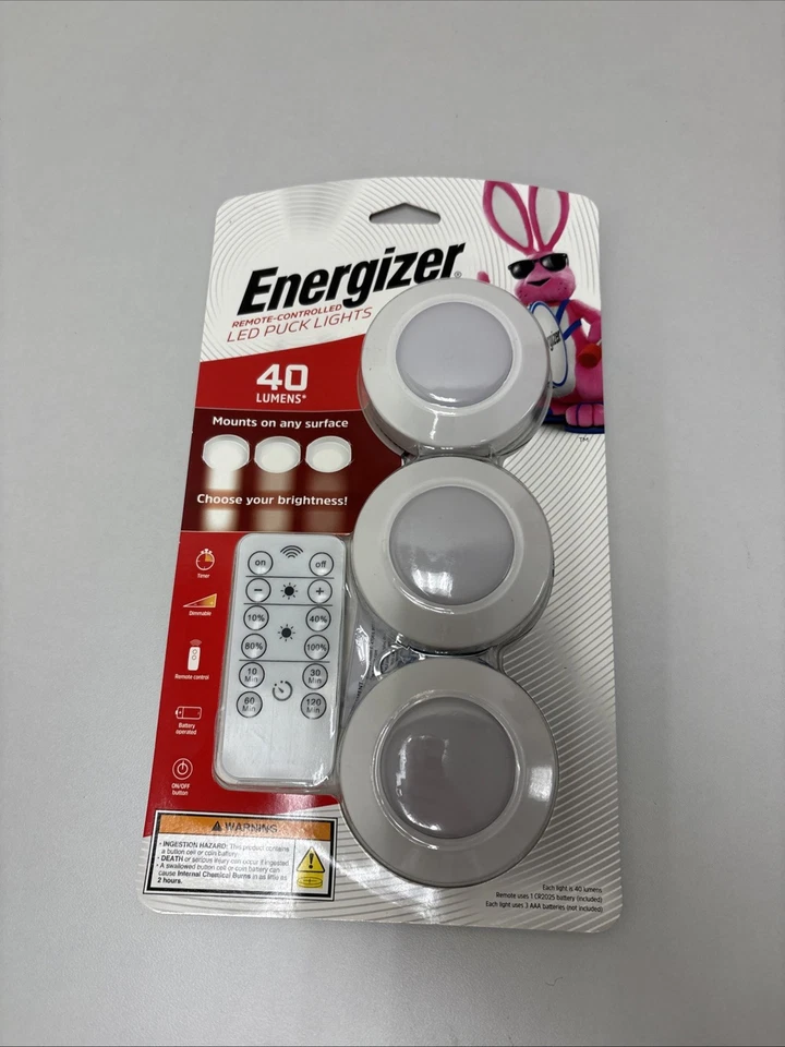 3 PACK Energizer Remote Control LED Puck Lights 40 Lumens