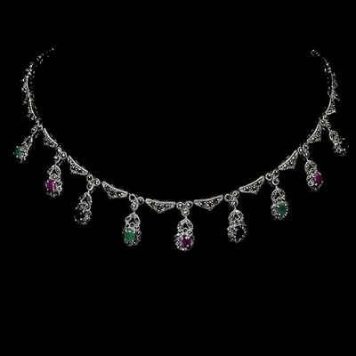 925 Sterling Silver Necklace Oval Ruby Emerald Sapphire Natural Gemstone Jewelry - Image 1 of 4