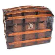 Leather Panel Dome Top Antique Steamer Trunk 34 1/2" 18th C.Newsprint Lined