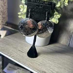 Silver Tone Large Round Fish Hook Pierced Earring Engraved Design 2.5" Long - Picture 1 of 5