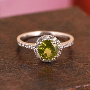 2.10 Ct Round Cut Green Peridot Diamond Halo Engagement Ring White Gold Finish - Picture 1 of 10