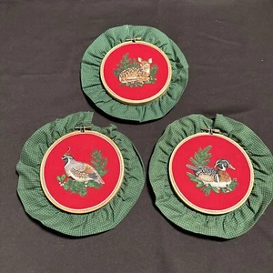 Vtg Pheasant Duck Deer Applique Wood Embroidery Hoop Wall Hanging Cottage Core - Picture 1 of 9