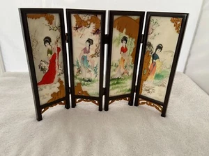Vintage Oriental Japanese Mini Folding Table Top Screen Hand Painted Panels - Picture 1 of 7