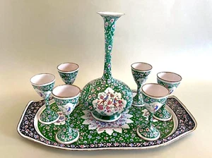 Vintage Likör-Set 8-Tlg. Meenakari Isfahan Emaille Kupfer Minekari Handbemalt - Picture 1 of 5